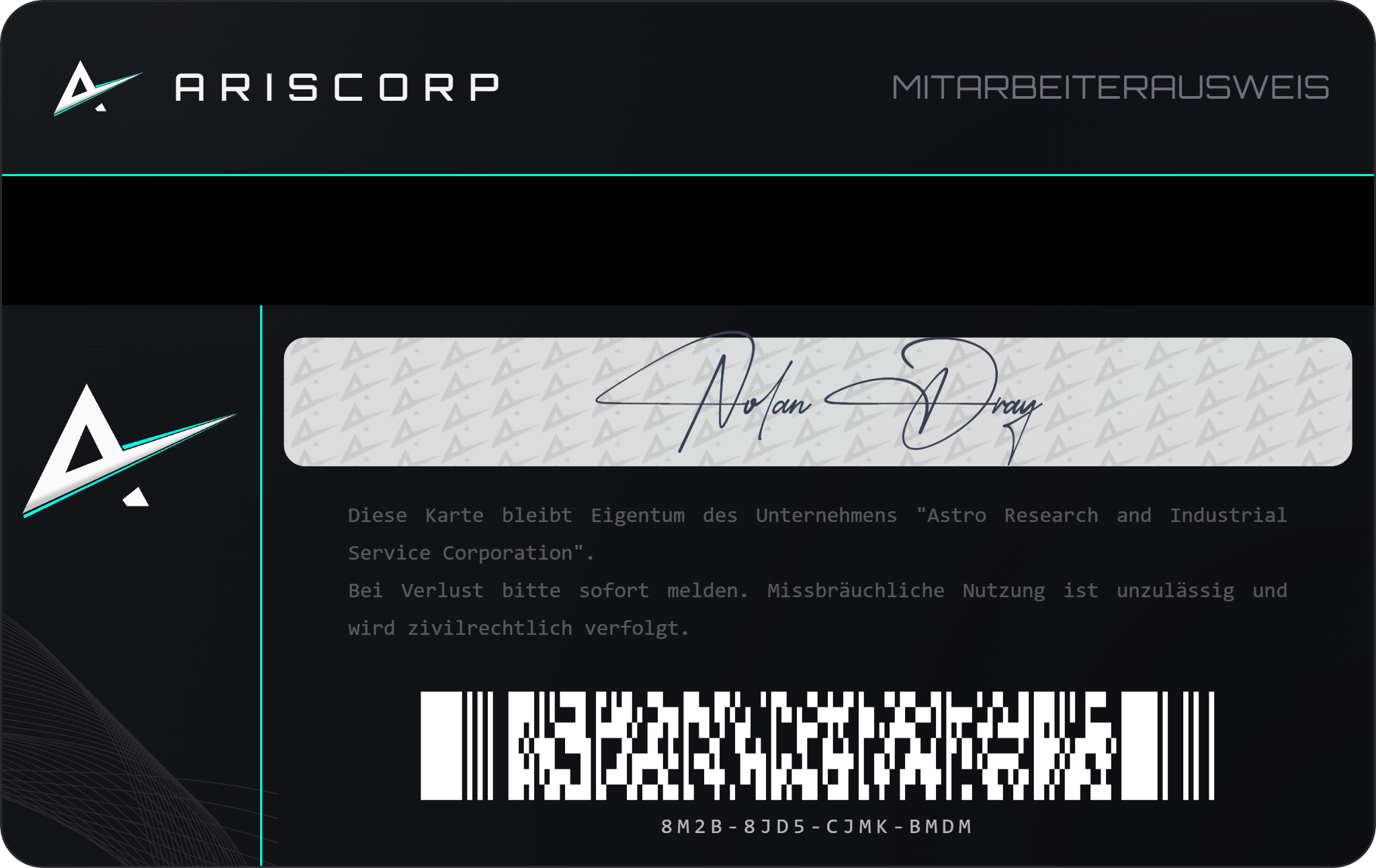 ARISCORP Mitarbeiterausweis von Nolan Dray, Rückseite
